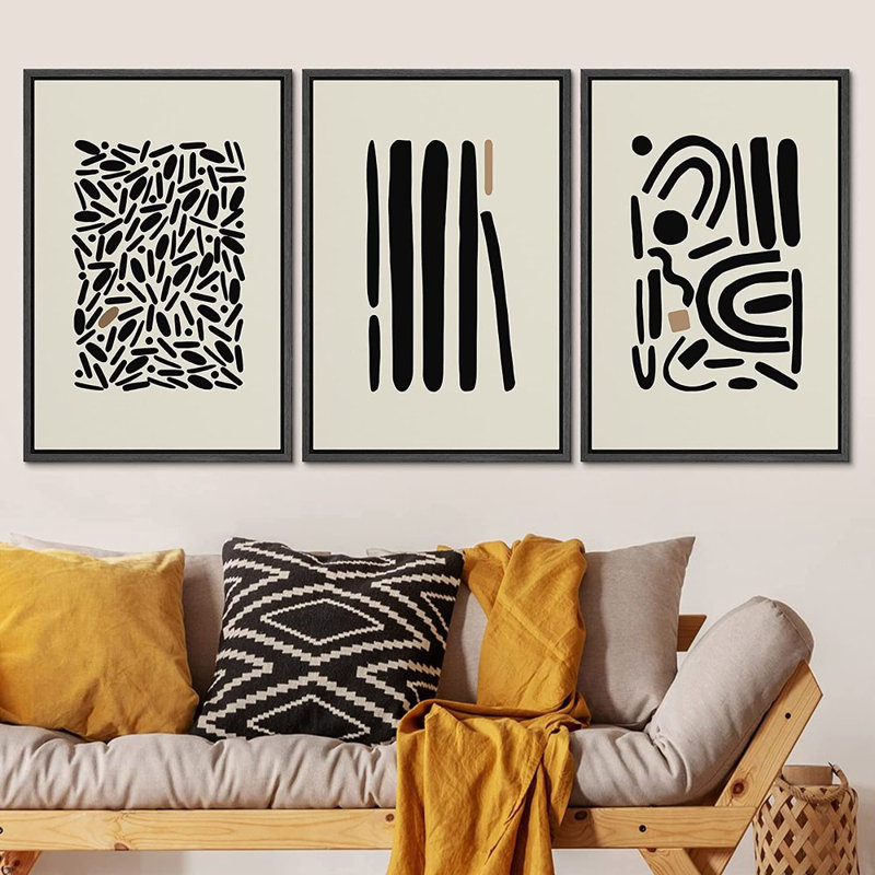 Black Framed Geometric Abstract Canvas Wall Art Set