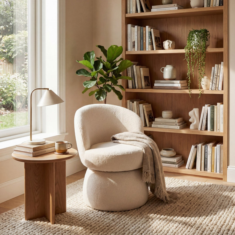 Upholstered Boucle Accent Chair MidBack Swivel Chair Armless Barrel Chiar, White Polyester Blend