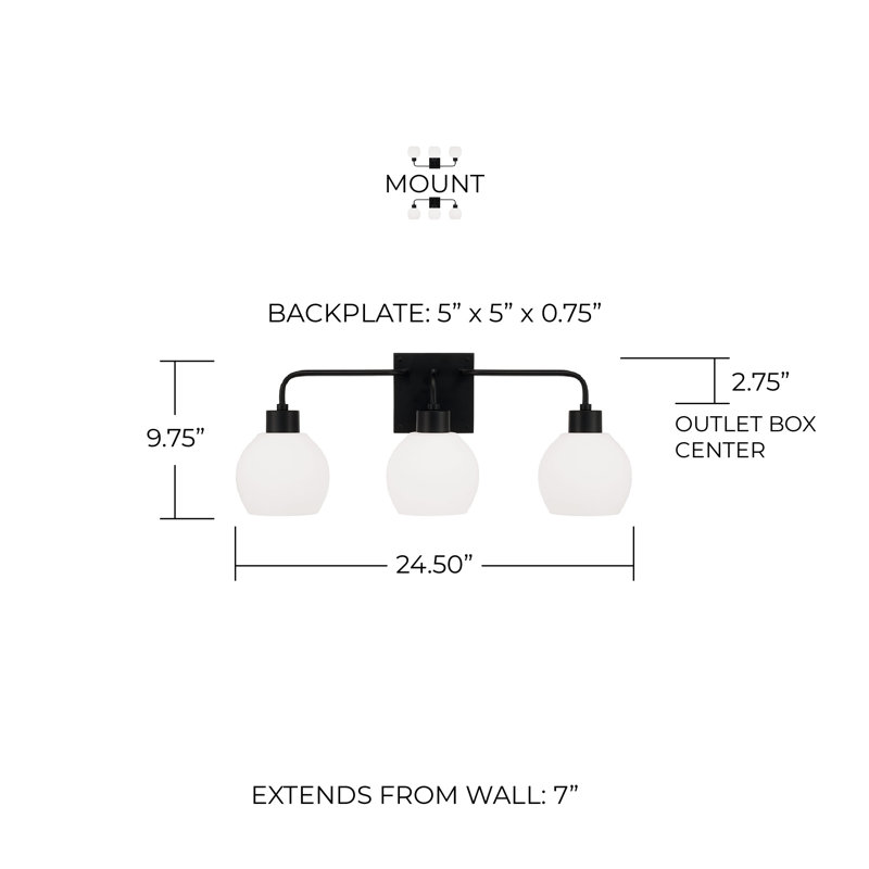 Bailey Dimmable Vanity Light, Matte Black, White, 3-Light
