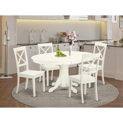 5 Piece Modern Dining Table Set Includes an Oval Wooden Table with Butterfly Leaf and 4 Dining Room Chairs, Linen White