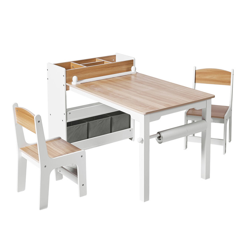Kids Activity Table and Chairs Set with Storage and Paper Roll Holder, Age 3-6
