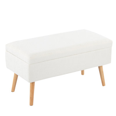 Cream Fabric Upholstered Natural Wood Bench, Contemporary Styling, Flip - Top Lid, Solid Legs, 15.5" Product Depth, 30" Inside Length, Indoor Use Only, 500 Lbs Limit, Assembly Needed Wood, Style,