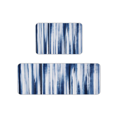 Abstract Blue Stripe Kitchen Mats for Kitchen Laundry Room, Set of 2, Blue White
