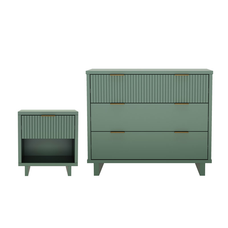 Ensemble de chambre à coucher avec commode et table de chevet 2 pièces Elara, Vert sauge