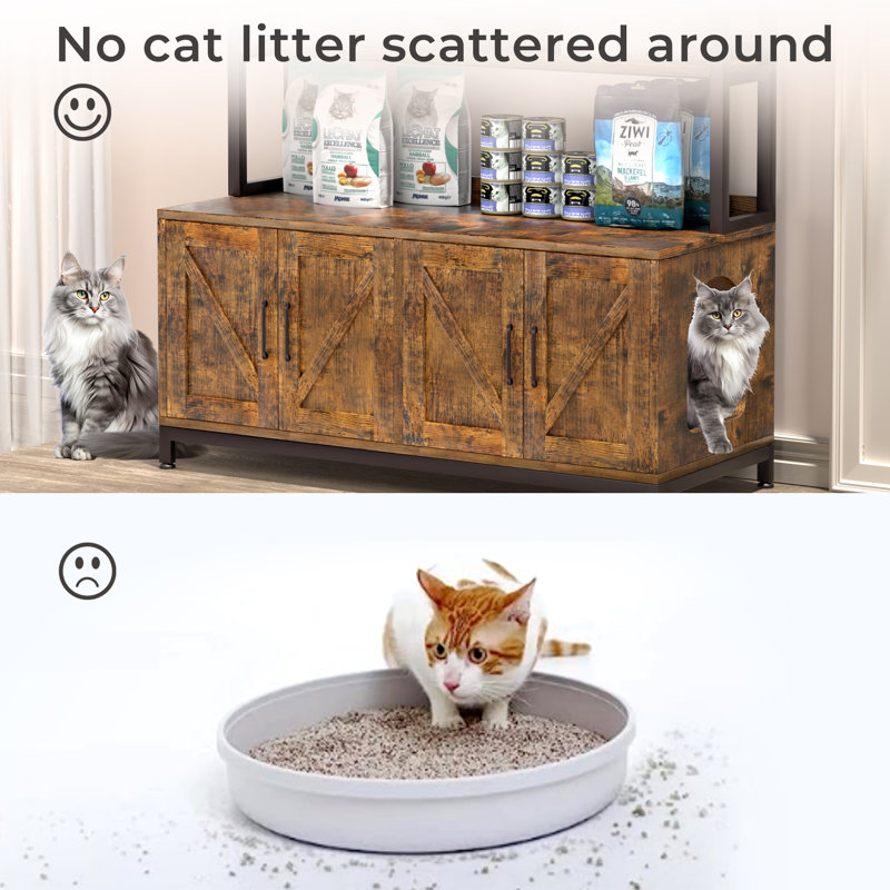 Rustic Brown Wooden Cat Litter Box Enclosure with Shelf