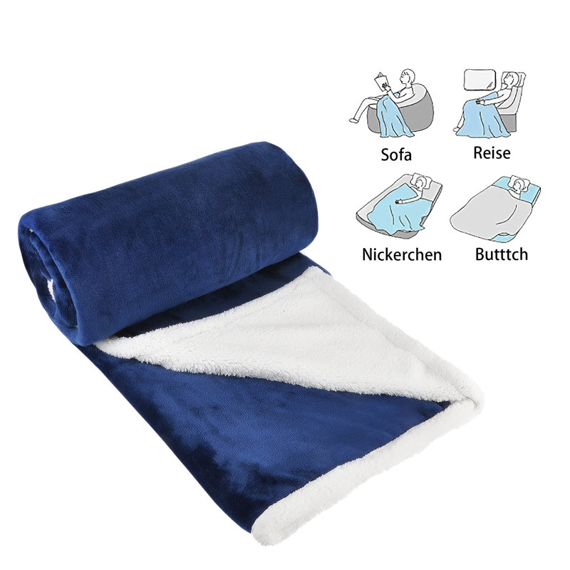 Navy Blue Reversible Sherpa Fleece Throw Blanket, 50x60 inches