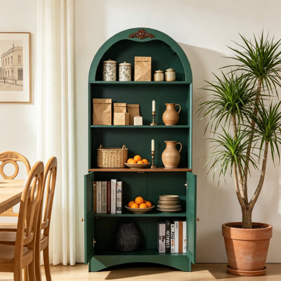 71"Tall Arched Bookshelf,Wooden Display Cabinet With Doors And Adjustable Shelves,Versatile Bookshelf For Living Room,Study,Office