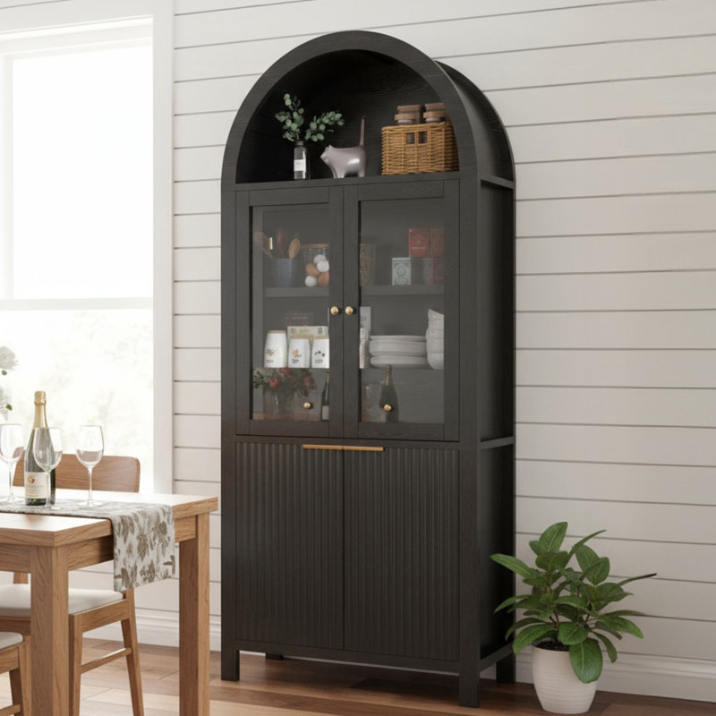 70" Tall Arched Display Cabinet With Glass Doors, Black