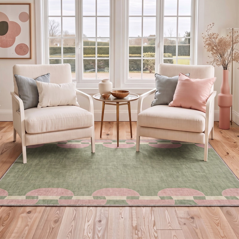 Tapis géométrique vert / rose lavable à la machine avec envers antidérapant, Rectangulaire 8 pi x 10 pi