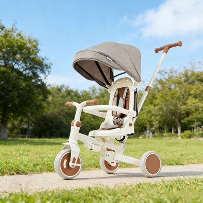 7 in 1 Baby Tricycle, Toddler Tricycle with Removable and Adjustable Push Rod, Toddler Push Bike with Removable Pedal, Canopy, and Guardrail, Tricycle for 18-72 Months