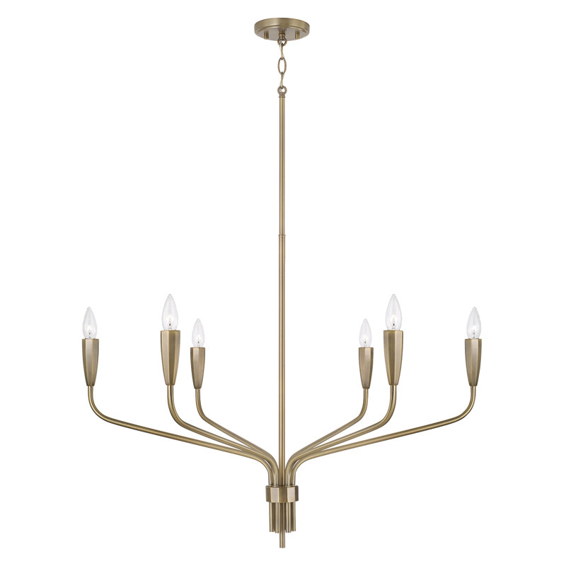 34.5" W x 25.25" H 6-Light Chandelier in Antiqued Brass with Botanical Arm Silhouette and Faceted Candlesleeves, 6