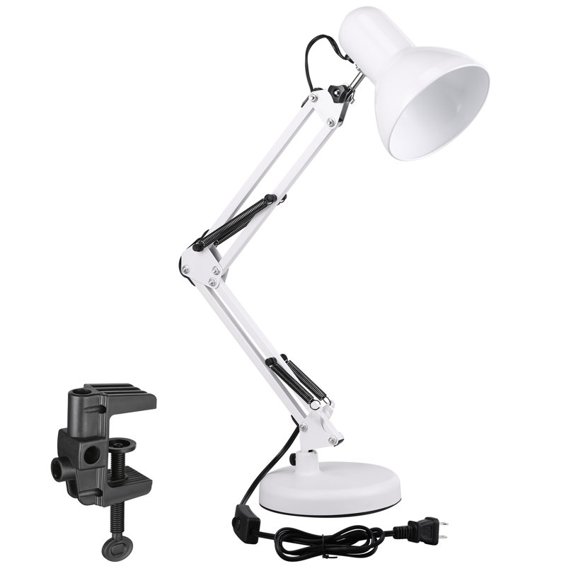 Stelly Metal Adjustable Swing Arm Desk Lamp with Base and Clamp, White, White