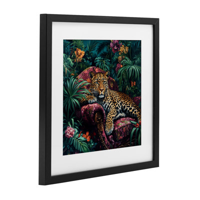 Leopard à la mode dans la jungle, reproduction encadrée sous verre, design par Petal Prints Design