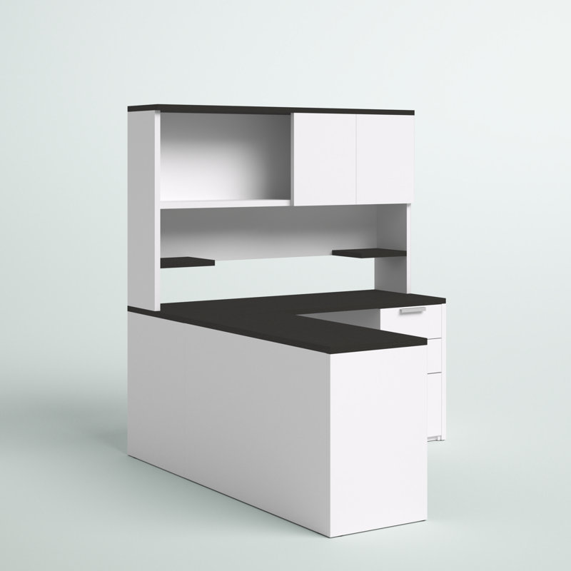 Bureau en coin réversible en L avec piédestal et huche Kadian, blanc