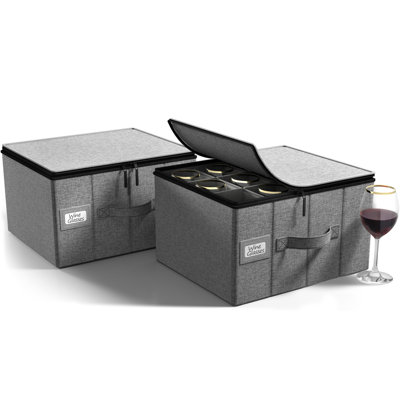 12-Glass Wine Glasses Storage Case Stemware in Grey 2-Pack