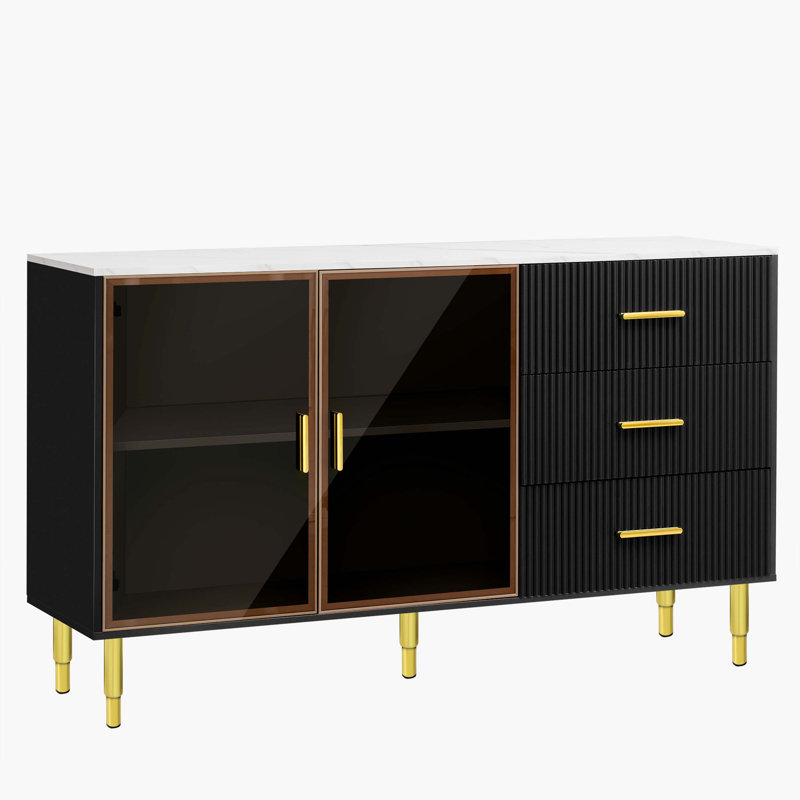 Modern Sideboard Buffet Cabinet with Marble Top & Amber Glass Doors – Storage Cabinet with Gold Legs & Handles, Black