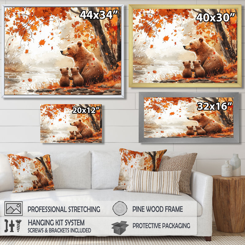 Mère ours avec des oursons en automne I - art mural ours, 34" H x 44" W, Cadre flottant, Brun