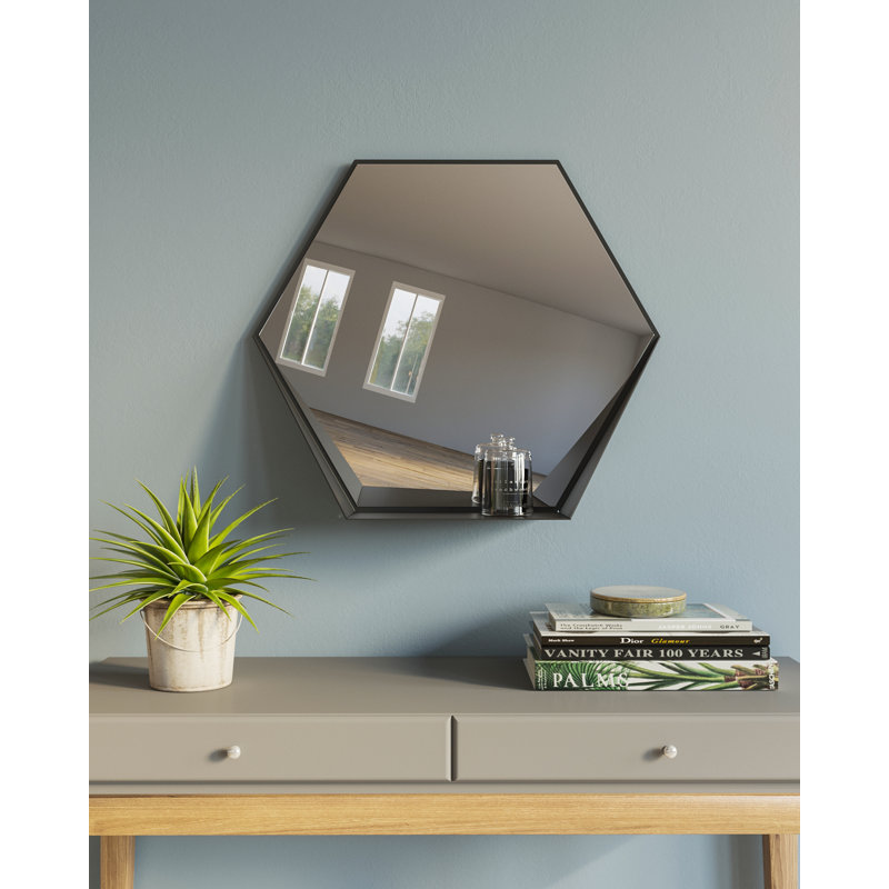 Metal Flat Wall Mirror with Shelves, Black