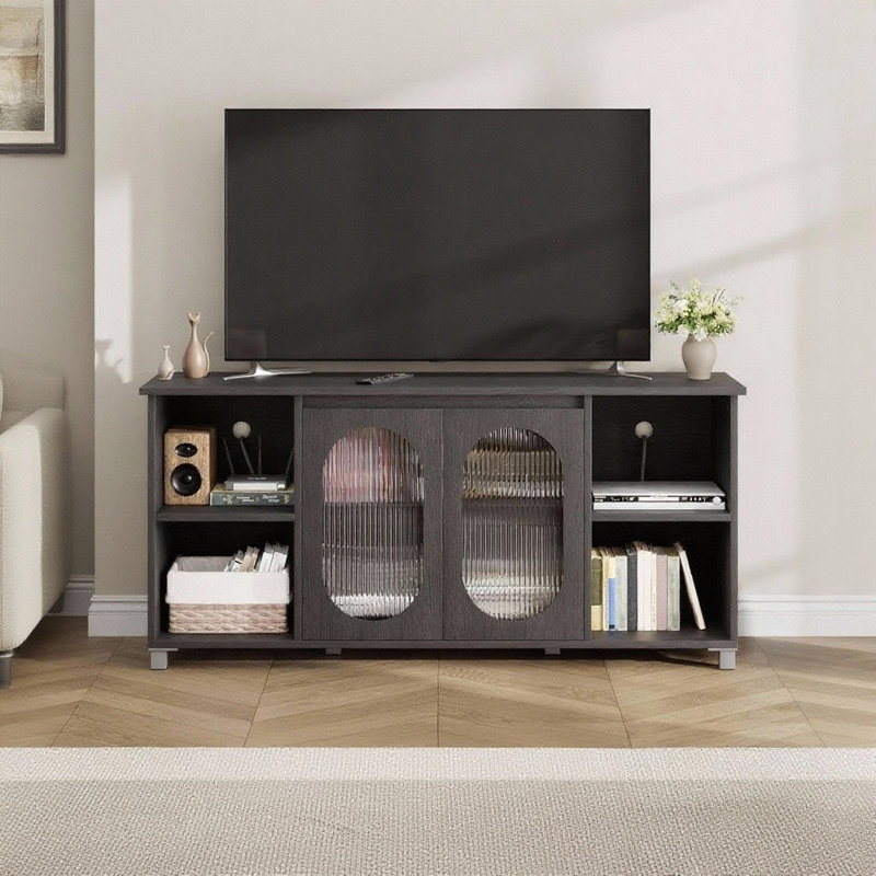 63" Modern TV Stand, With Fluted Glass & 3 Open Shelves, Black