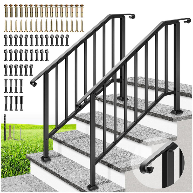 Rails en acier galvanisé à 4 marches pour les marches extérieures - Extrémités courbées et balustres de sécurité Rampe extérieure pour porche, terrasse ou escalier intérieur, ensemble d'installation complet