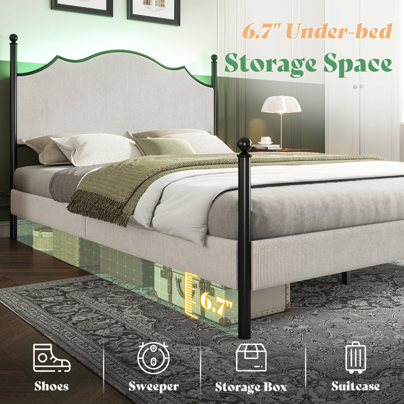 Lark Manor Upholstered Bed Frame With 51.2" Tall Headboard, Metal Four Poster/LED/Easy Assembly, White, Queen