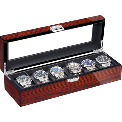 6 Slot Wooden Watch Box for Men with Large Glass Lid, Watch Storage Organizer, Watch Display Case, Watch Holder Removable Watch Pillows, Brown