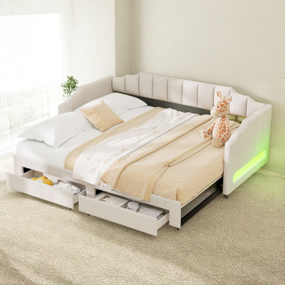 Twin XL to King Convertible Daybed with Storage Drawers & LED Lights - Upholstered Linen Fabric, Solid Wood+MDF Frame, No Box Spring Needed (300-500 l