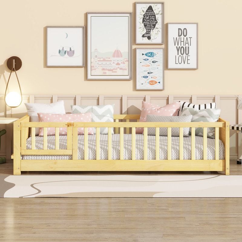 Twin Size Floor Platform Bed With Built-In Book Rack, Natural