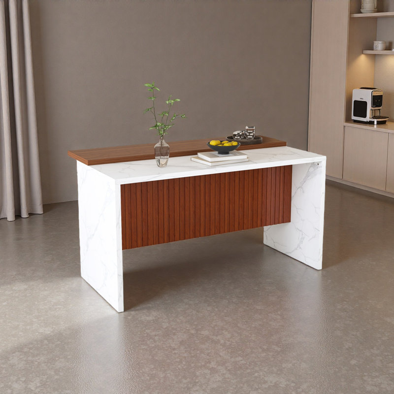 Îlot de cuisine 63 po avec surface d'aspect marbre, lumières DEL et grille de 63 po pour la salle à manger et le salon, Blanc