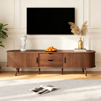 70" Mid-Century TV Stand with Tambour Doors & Built-in Outlets, Media Console for 80" TVs with Storage Drawers