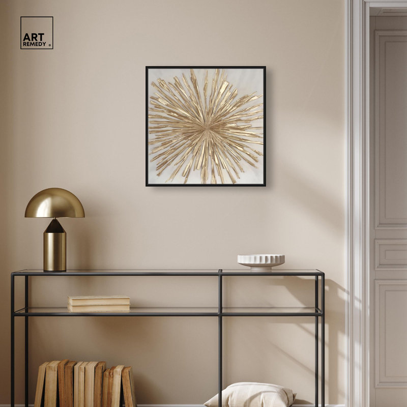Toile dorée élégante avec art naturel par Art Remedy, H 21 po x l 21 po, Cadre noir, Noir