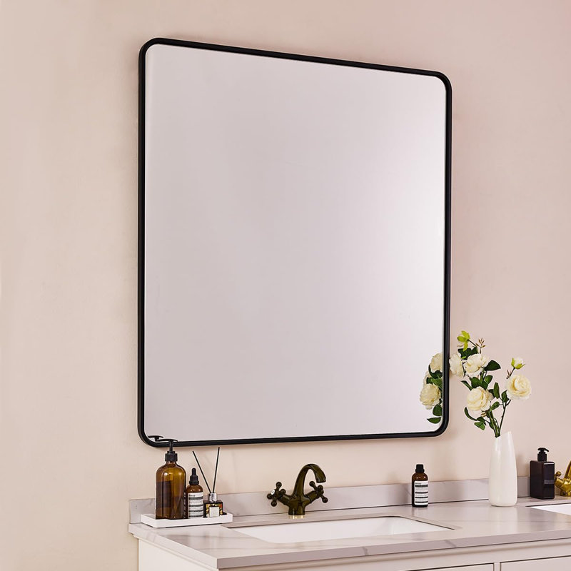 Contemporary Rectangle Bathroom Vanity Mirror | Stainless Steel Thick Frame, 36" x 30", Matte Black
