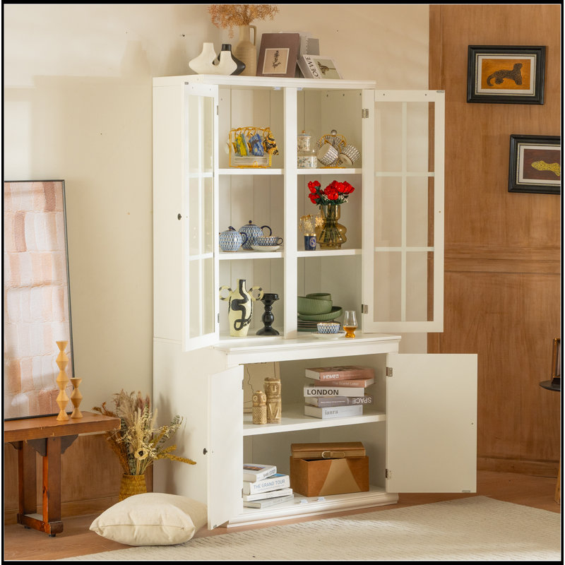 75.25'' Tall Display Cabinet With Double Glass Doors, Traditional Style China Cabinet Hutch Cabinet For Hallways Living Room, Kitchen, Home, Studio Or Workspace - White