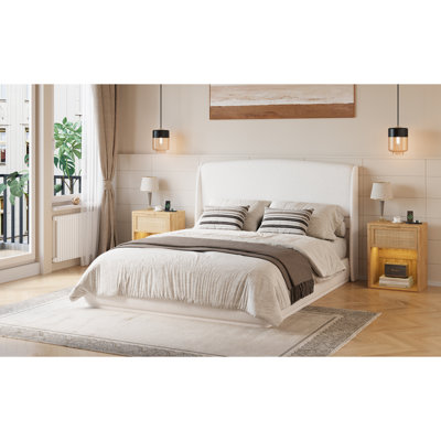 Structure de lit grand rembourré avec tête de lit à oreilles, lit plateforme à profil bas avec tête de lit rembourrée, aucun sommier requis, assemblage facile, tissu en lin élégant, beige