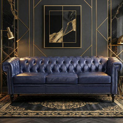Chesterfield PU Leather Sofa with Rolled Arms, Nailhead Trim & Solid Wood Legs