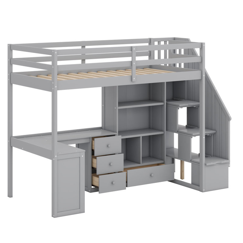 Lit mezzanine avec bureau en L et tiroirs, Gris