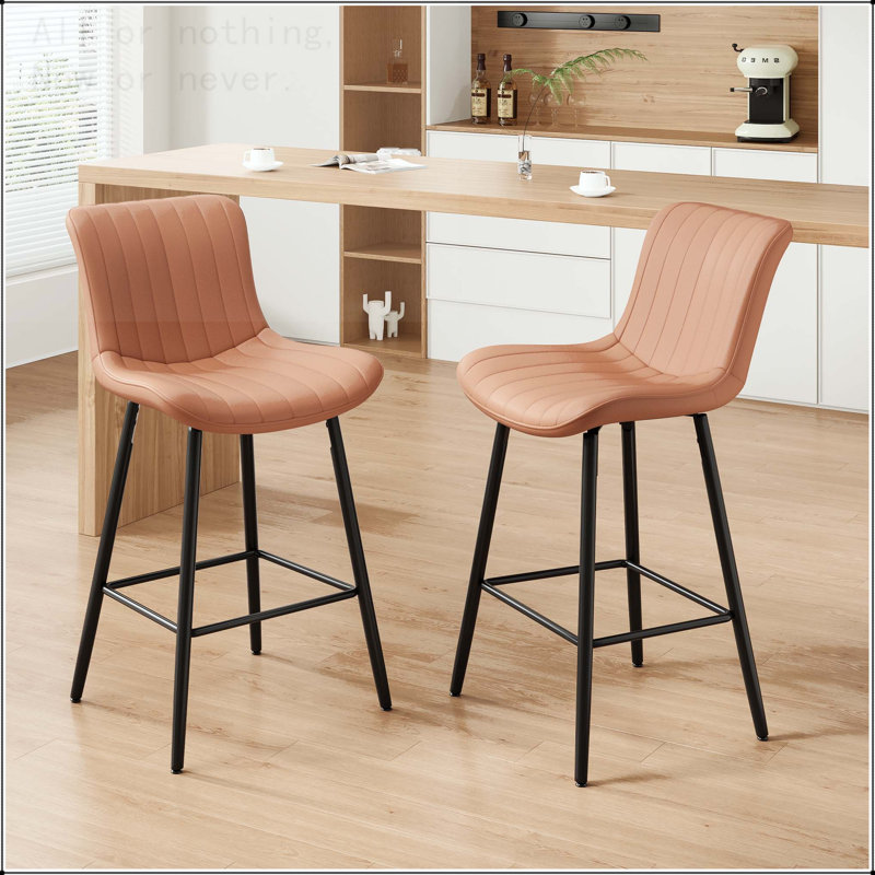Counter Height Bar Stool Set with Faux Leather Upholstery and Chrome Base, Brown
