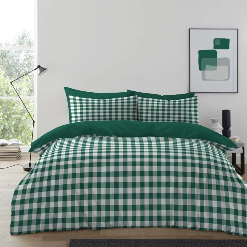 Luxury Gingham Microfibre Duvet Cover Set with Pillowcases Soft Breathable Easy Care Bedding All Sizes, Forest
