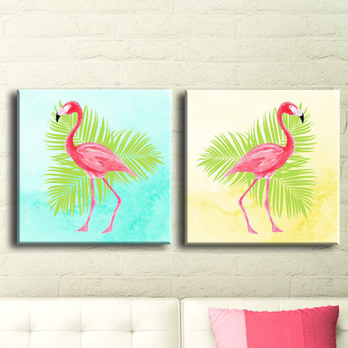 « flamant rose i/i »-2 pièces, ensemble de 2 reproductions d’art sur toiles, H 30 po x l 30 po