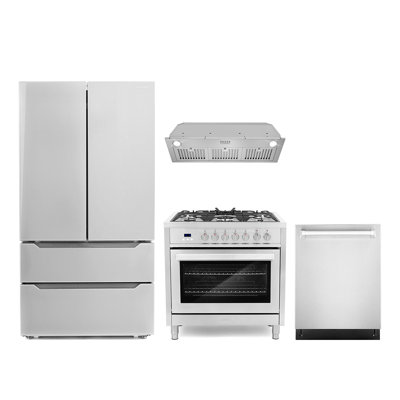 Cosmo 4 Piece Kitchen Appliance Package with French Door Refrigerator 36'' Dual Fuel Freestanding Built-In Insert Range Hood