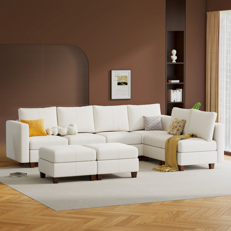  Canapé modulaire modulaire avec repose-pieds avec rangement, canapé modulaire rembourré et confortable pour salon, chambre à coucher, canapé en L 6 places avec 2 repose-pieds, chenille en blanc