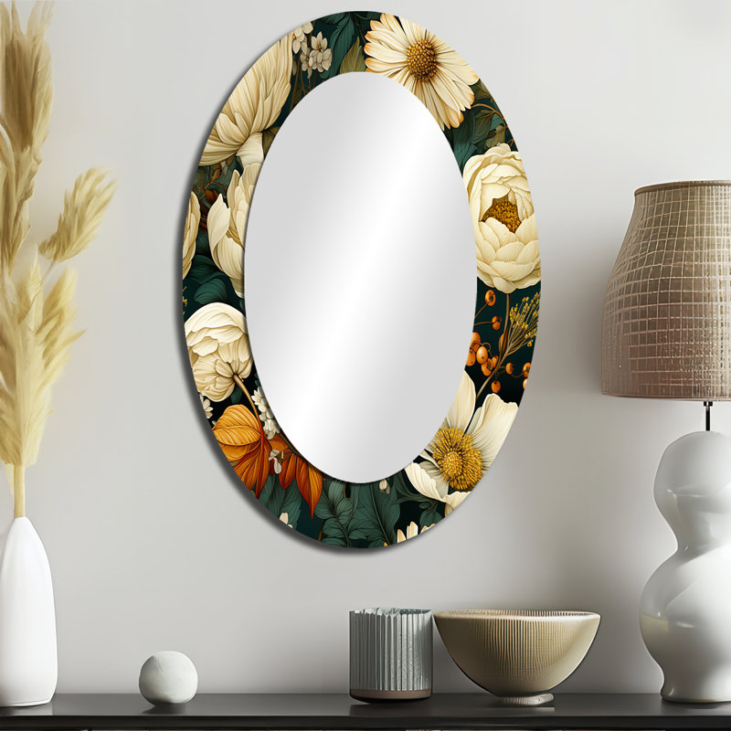 Motif de fleurs de chrysanthème Earthy Greens - miroir mural traditionnel ovale, H 36 po x l 24 po