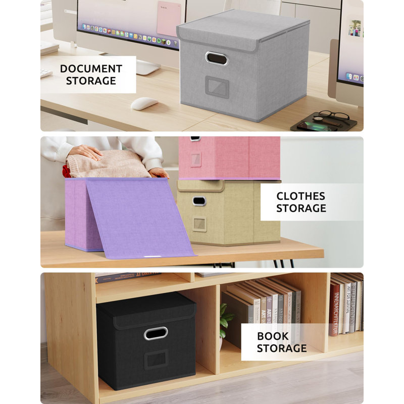 2 Pack File Organizer Box,File Box,Small File Cabinet For Letter Folders,Grey-White Portable Filing Box,Hanging File Folder Organizer Box With Lid For Office- Without Folders