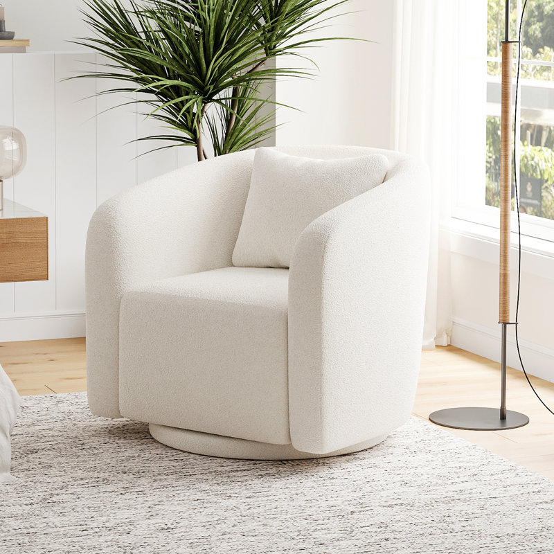 Boucle Polyester Upholstered Swivel Armchair, White