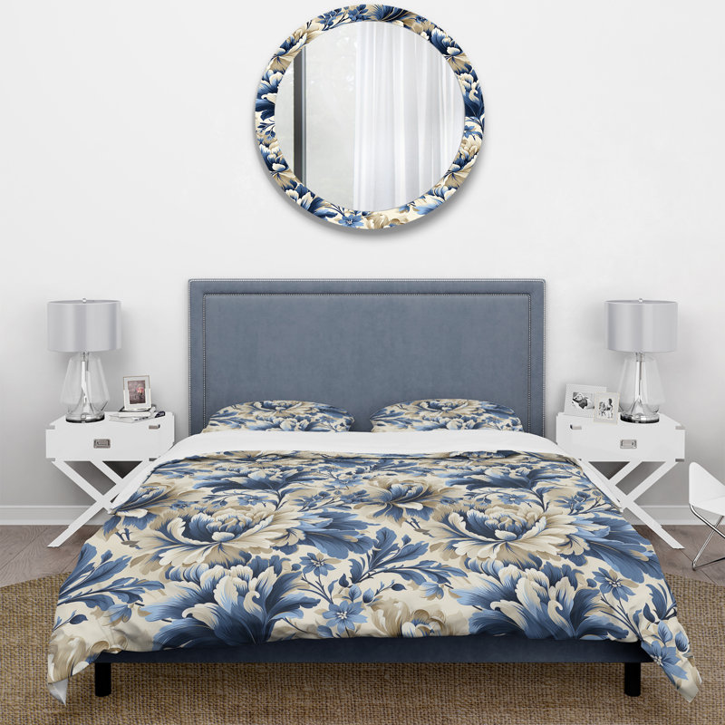 Ensemble de housse de couette bleu victorien Ikat Floral Harmony III, Housse de couette pour grand lit et 2 taies décor