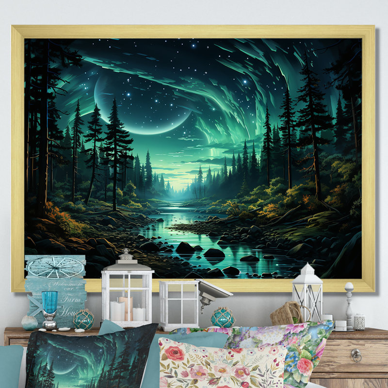 Northern Lights Forest Dreams I - forêt et rivière, art mural, H 16 po x l 32 po x P 1 po, Cadre doré à coins fermés