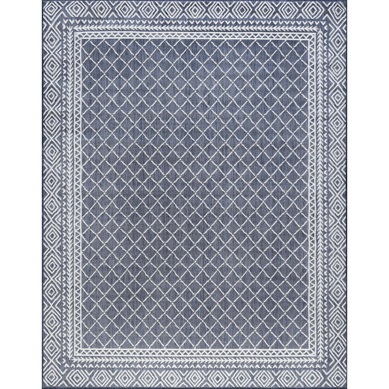 Tapis bleu marine / blanc en polypropylène tissé à la machine Hassett, Rectangle 7 pi 11 po x 10 pi 3 po