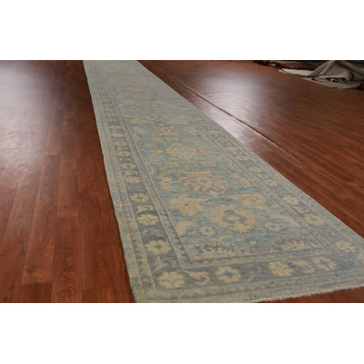 Vegetable Dye Blue Oushak Turkish Runner Rug 3x20