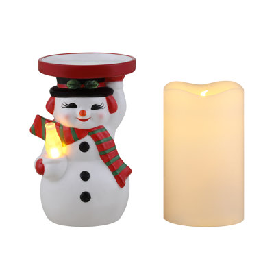 Nostalgic 6" Ceramic Lit Snowman Candle Holder and Flameless Candle