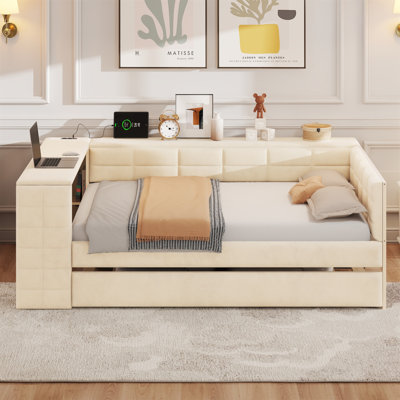 Tufted pholstered Full Daybed with Full Trundle, Storage Shelves and Charging Ports